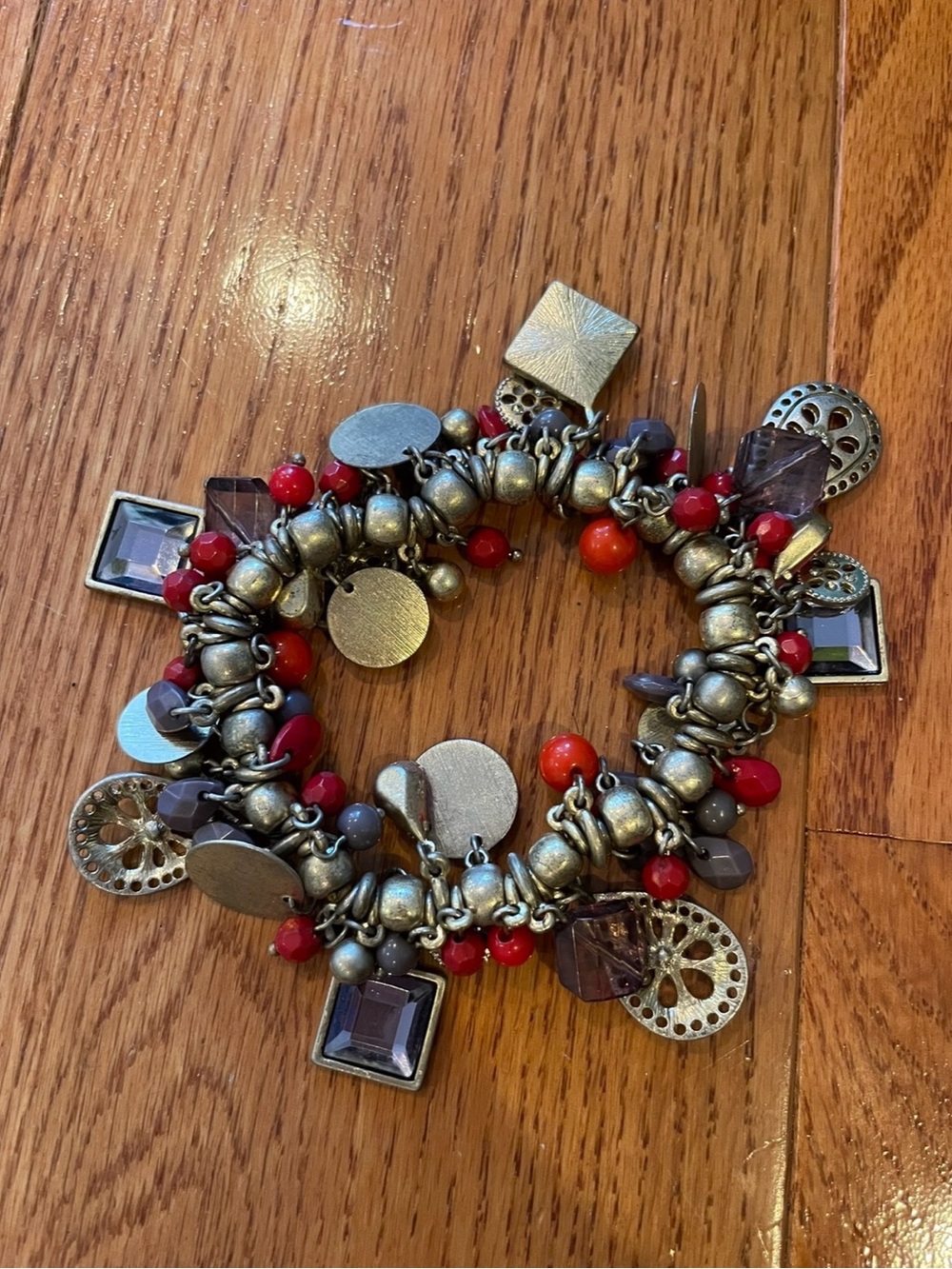 Lia Sophia Madrid Charm Bracelet Beaded Statement Bracelet Red Gray Antique Gold